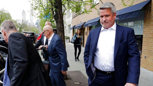 In this April 24, 2017 photo, Fox News co-president Bill Shine, right, leaves a New York restaurant with Rupert Murdoch, second from right, the executive chairman of 21st Century Fox. The turmoil at Fox News Channel has claimed another victim. The network said Monday, May 1, that Shine, a longtime lieutenant of ousted Fox News CEO Roger Ailes, is out.