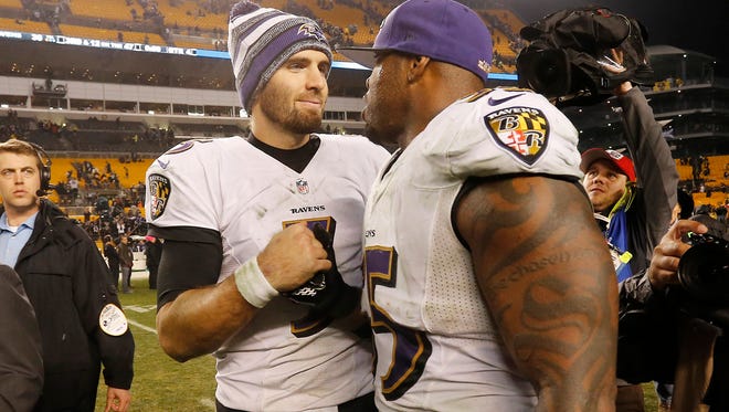Ravens quarterback Joe Flacco and linebacker Terrell Suggs played key parts in the team's wild-card victory over the Steelers.