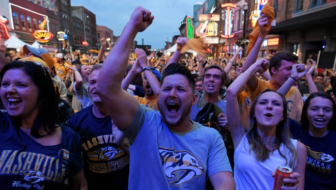 Chris Jones cheers after the Predators score the first goal during the first period of Game 4 in the Stanley Cup Final at Bridgestone Arena on June 6, 2017, in Nashville.