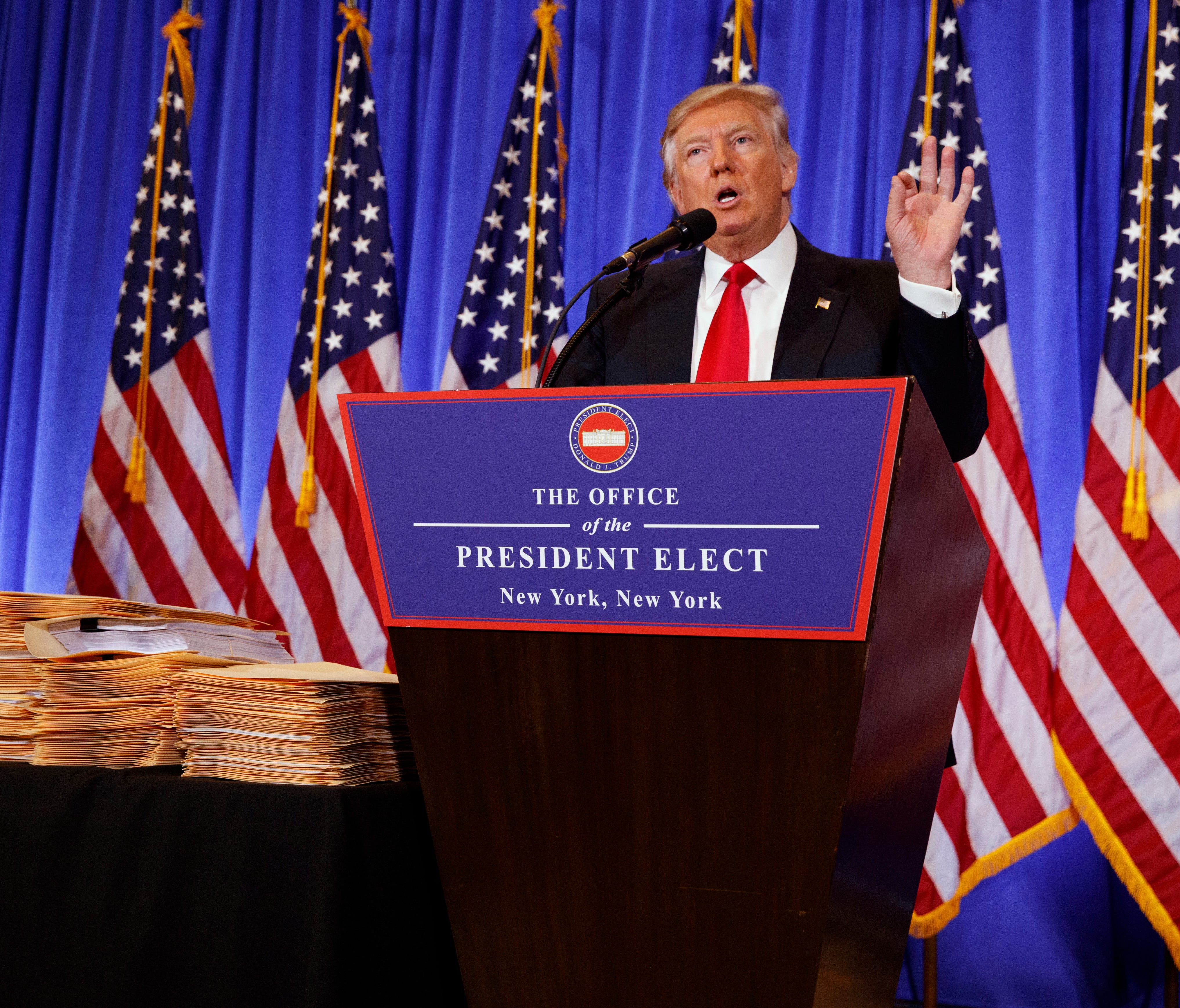 President-elect Donald Trump speaks during a news conference in the lobby of Trump Tower in New York on Jan. 11, 2017.