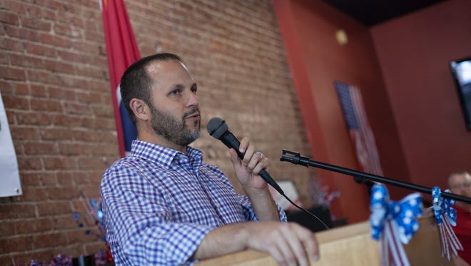 Justin Kanew, a candidate for 7th District U.S. House seat, addresses members of the Houston County Democratic Party on July 29.
