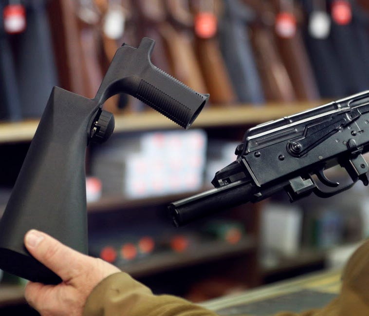 A 'bump stock' device that fits on a semiautomatic rifle in Salt Lake City on Oct. 5, 2017.