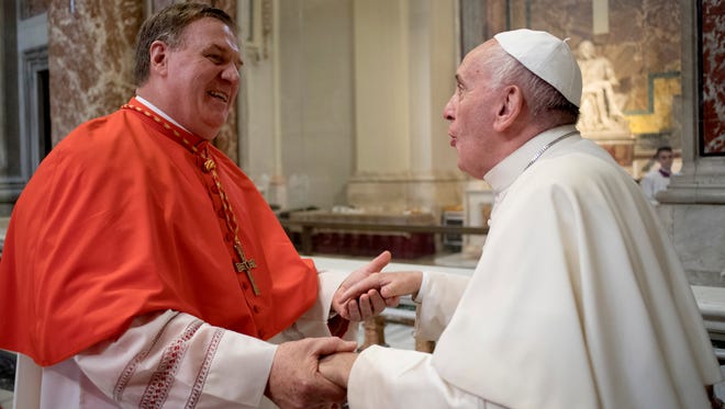 Cardinal Joseph Tobin, the former pastor of Detroit Holy Redeemer Catholic Church, with Pope Francis at the Vatican in November 2016, after the pope named the Detroit native a cardinal.