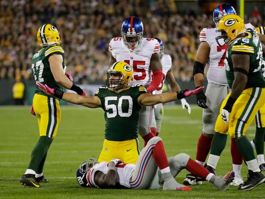 Green Bay Packers linebacker Blake Martinez celebrates
