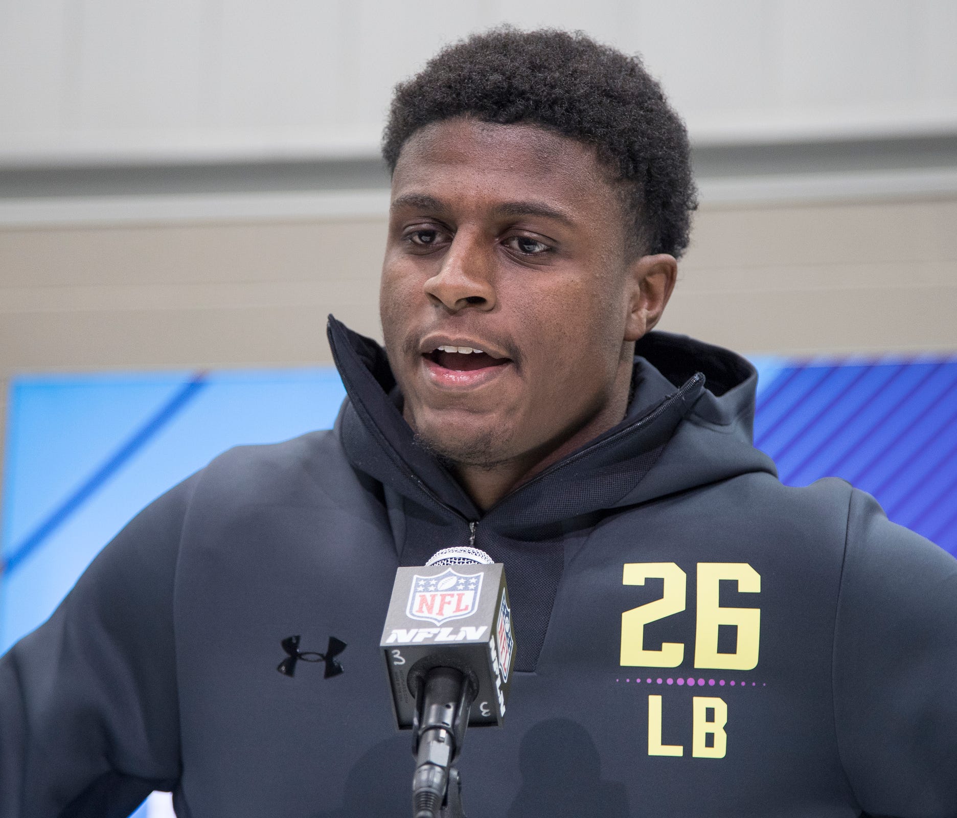 Mike McCray, former Michigan linebacker, answers a question during the NFL combine in Indianapolis on March 3, 2018.
