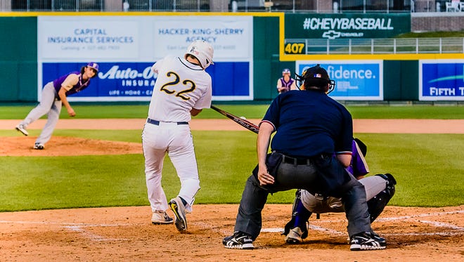 Michael Stygles ,22, of DeWitt drives in 2 runs with a hit deep into left-centerfield in the 6th inning.