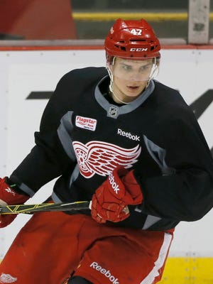 Detroit Red Wings defenseman Alexei Marchenko during practice for Game 3 in the first round against the Tampa Bay Lightning on Monday, April 20, 2015 in Detroit.