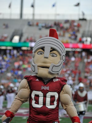 T-Roy the Trojan Mascot pumps up the crowd prior to the home opener on Saturday, September 6, 2014, at Veterans Memorial Stadium in Troy, Ala. Duke leads 24-14 at halftime.