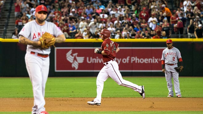 Paul Goldschmidt rounds the bases after hitting a solo home run against the Los Angeles Angels in the 1st inning on Wednesday, June 17, 2015 at Chase Field in Phoenix.