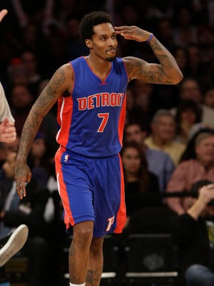 Detroit Pistons guard Brandon Jennings reacts after making a three-pointer against the New York Knicks on Jan. 2, 2015, in New York.