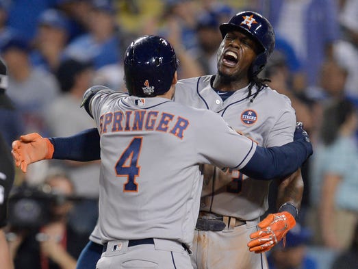 Game 2 at Dodger Stadium: George Springer celebrates
