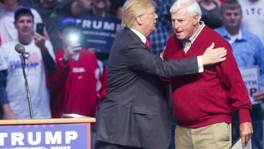 Donald Trump thanks former Indiana University basketball coach Bob Knight for his endorsement at a rally in Indianapolis on Wednesday, April 27, 2016.