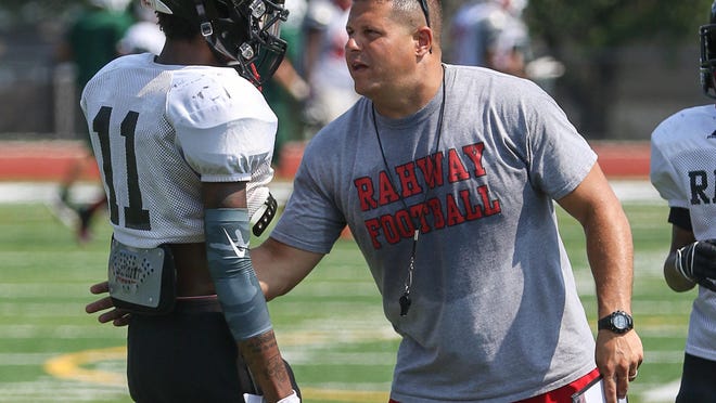 Head coach Brian Russo coaches Rahway against JF Kennedy during a scrimmage in Iselin on Aug. 18.