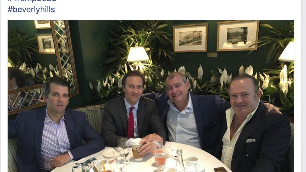 FILE - This file Facebook screen shot provided by The Campaign Legal Center shows, from left, Donald Trump Jr., Tommy Hicks Jr., Lev Parnas and Igor Fruman, posted on May 21, 2018. Parnas and Fruman were arrested in October 2019 on campaign finance violations resulting from a donation to a political action committee supporting President Donald Trump's reelection.