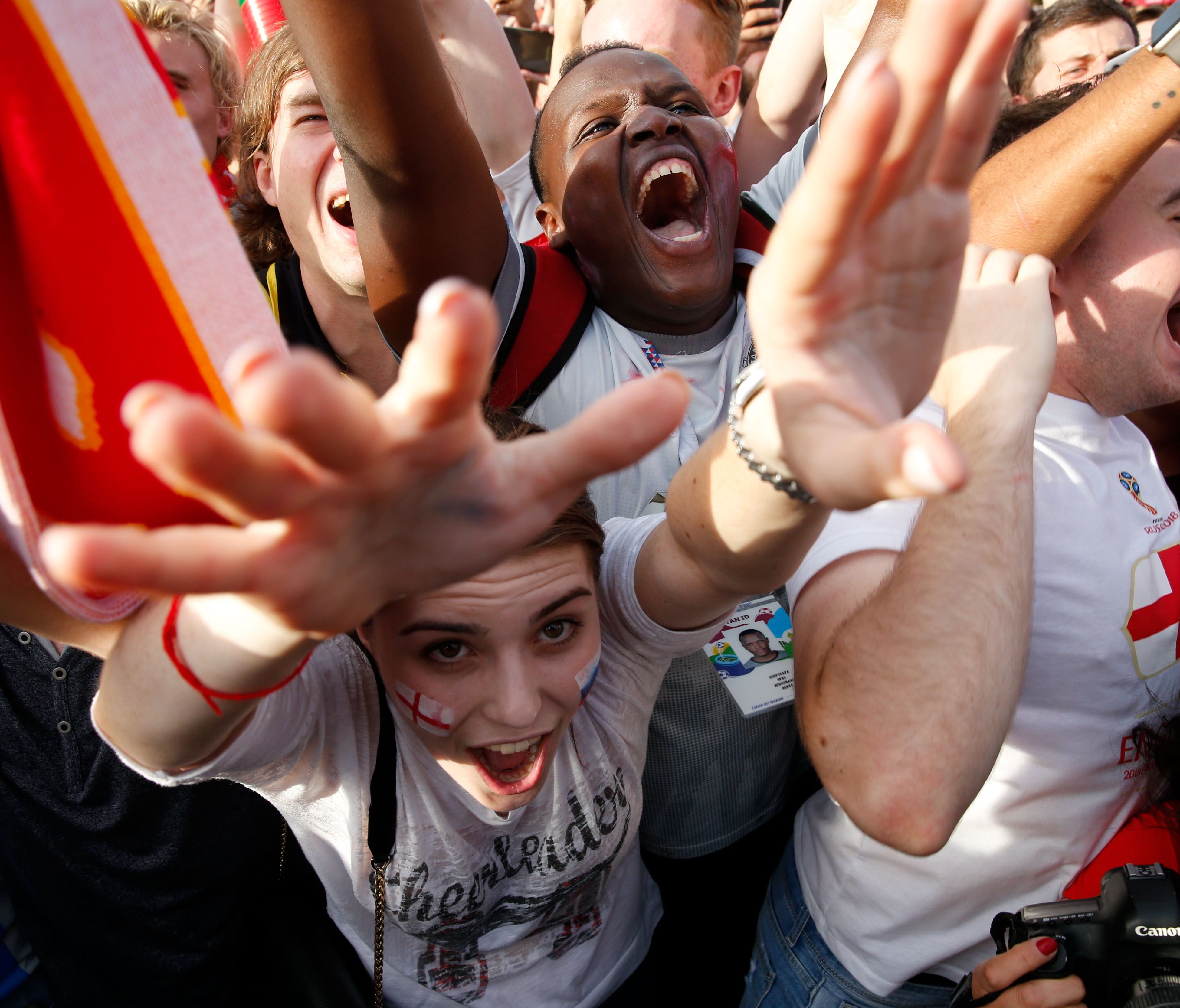 England fans celebrate at a fan fest in Moscow after the team's win against Sweden.