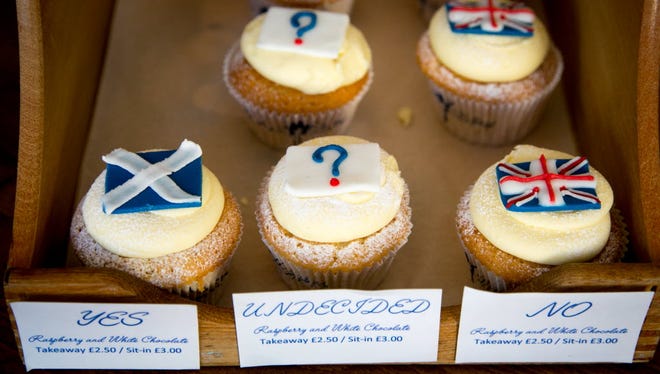 Cupcakes showing, yes, no and undecided are displayed in Cuckoo's Bakery on Dundas Street on Sept. 11 in Edinburgh, Scotland.