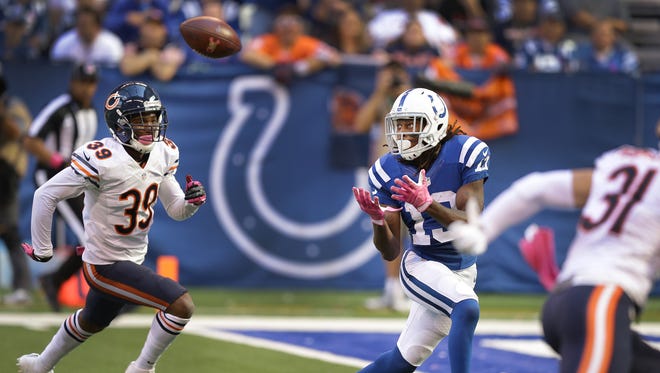 Indianapolis Colts wide receiver T.Y. Hilton (13) catches a 35-yard touchdown pass from Andrew Luck in the fourth quarter of their game. The Indianapolis Colts hosted the Chicago Bears in their NFL football game Sunday, Oct. 9, 2016,   at Lucas Oil Stadium.