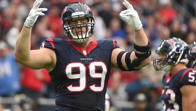 FILE - In this Sunday, Jan. 3, 2016 file photo, Houston Texans defensive end J.J. Watt (99) is shown during the first half of an NFL football game in Houston. (AP Photo/Eric Christian Smith, File)