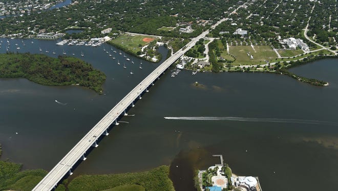 An aerial view of the Indian River Lagoon and the Barber Bridge in Vero Beach taken April 6, 2016.