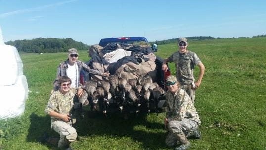 A special 15-day early goose season intended to harvest local Canada geese runs from Sept. 1 to Sept. 15 and allows up to five geese a per day. On Sunday, Sept. 3, 18 Canada geese were taken by (clockwise) Paul Voss (upper left), Malik Greissmeyer, Brian Voss and Justin Schaetzer.