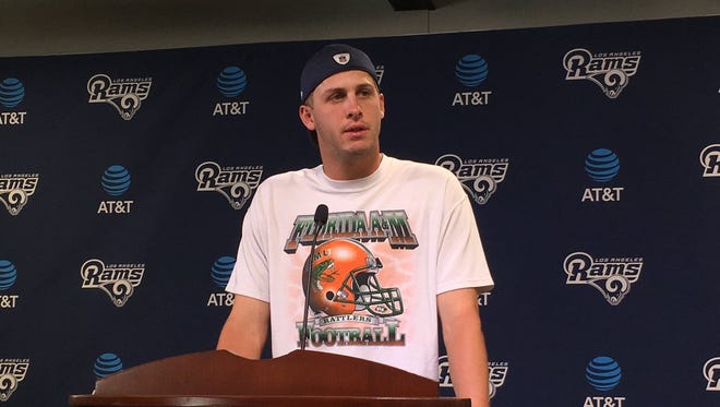LA Rams quarterback Jared Goff wears a FAMU T-shirt to a press conference.