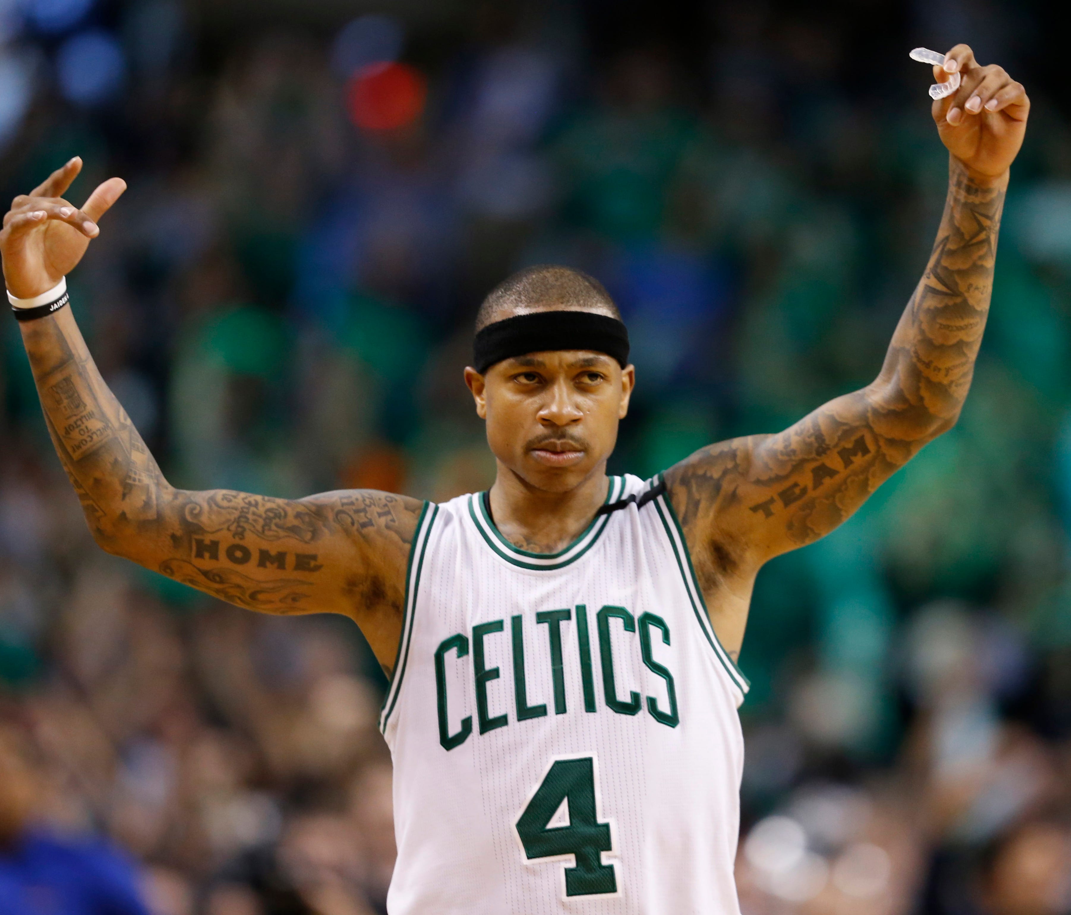 Boston Celtics point guard Isaiah Thomas (4) reacts after scoring 53 points in defeating the Washington Wizards in Game 2.