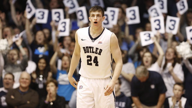 Butler fans react behind Kellen Dunham after he hit one of several three point baskets in the first half against DePaul February 7, 2015, at Hinkle Fieldhouse.
