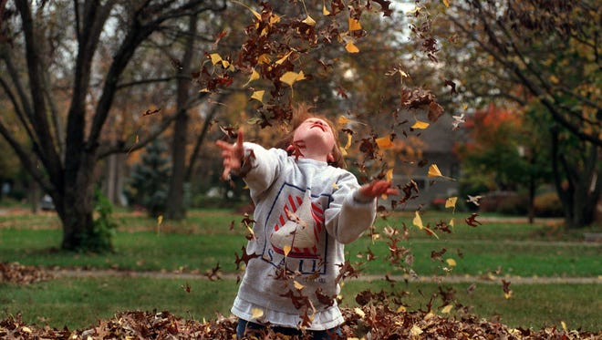 Hip, hip, hooray — fall is here! Albe Stamper, 9, revels in a pile of fallen leaves.