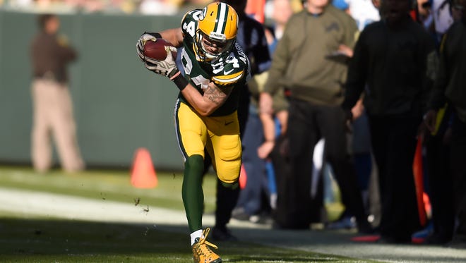 Green Bay Packers wide receiver Jared Abbrederis (84) makes a catch on the sideline against the Detroit Lions at Lambeau Field November 15, 2015.