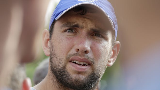 Indianapolis Colts quarterback Andrew Luck talks to the media after he arrived for Indianapolis Colts training camp Tuesday, July 26, 2016, morning at Anderson University in Anderson IN.