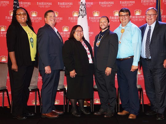 Tribal Council Vice Chair Dorie Rios (left), Tribal Council Chair Jamie Stuck, FireKeepers CEO Kathy George, Tribal Council Treasurer Dr. Jeff Chivis Ph.D., Tribal Council Sergeant at Arms Homer Mandoka and FireKeepers VP of Hotel Operations Mike Criswell announced on Monday, July 23, that FireKeepers would be building a second hotel tower.