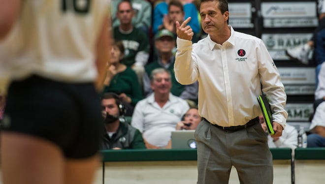 CSU volleyball head coach Tom Hilbert in a match earlier this season. The Rams are in the NCAA tournament for the 23rd season in a row and will face Michigan at 5:30 p.m. Friday at Stanford.