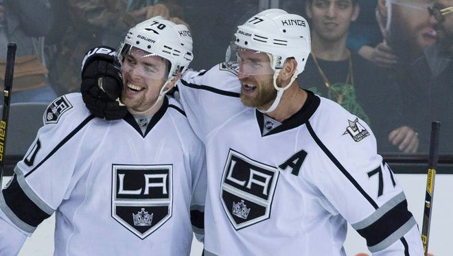 Jeff Carter, right, shown last season with Tanner Pearson, has three points in six games this season.