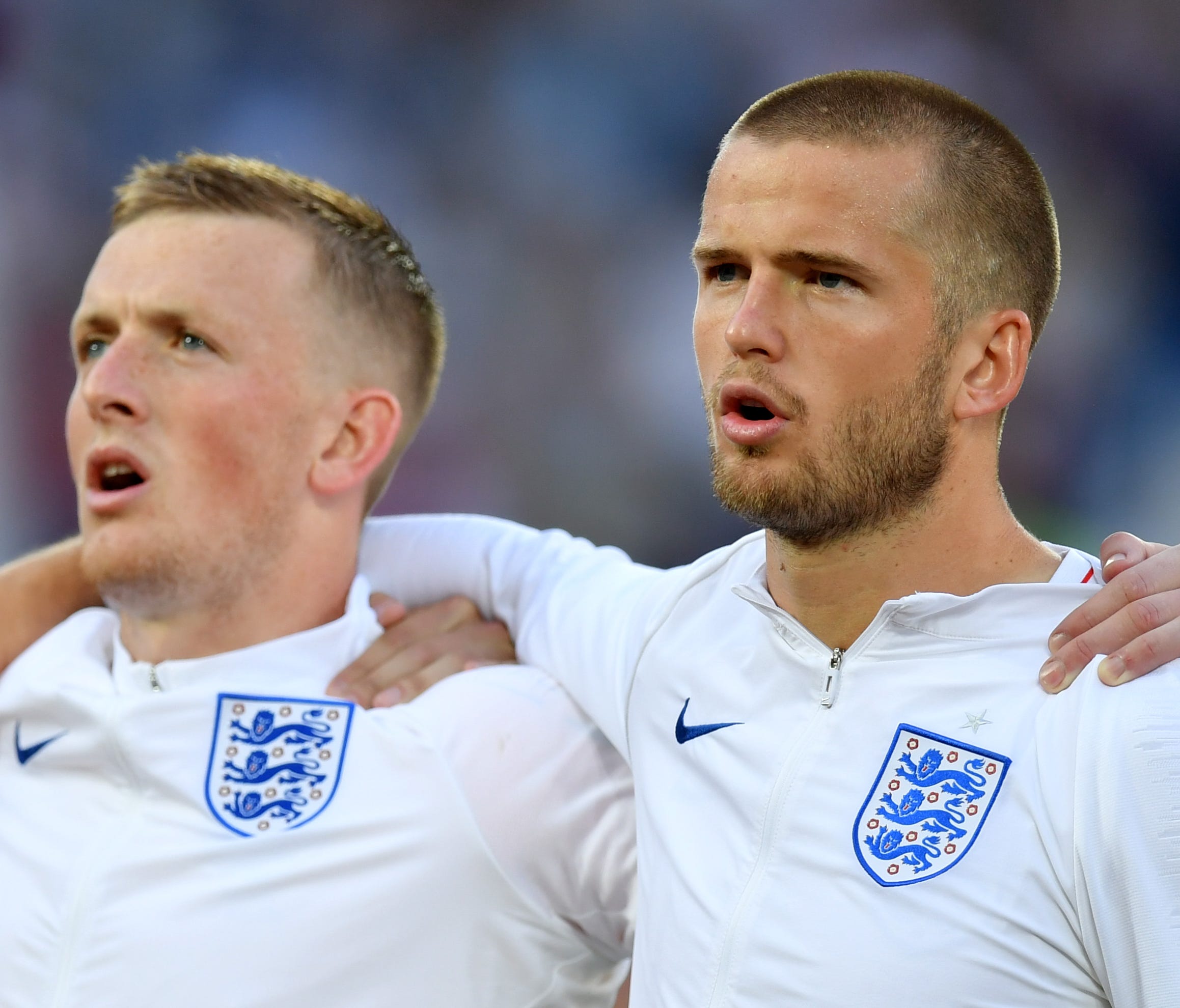Jordan Pickford and Eric Dier during national anthems before the game against Belgium.