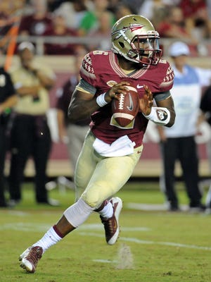 Sep 5, 2015; Tallahassee, FL, USA; Florida State Seminoles quarterback Everett Golson (6) looks to throw the ball during the first half of the game against the Texas State Bobcats at Doak Campbell Stadium. Mandatory Credit: Melina Vastola-USA TODAY Sports