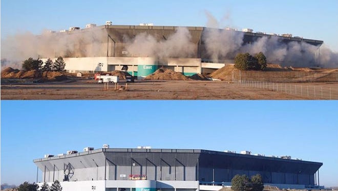 The Pontiac Silverdome before, during and after the implosion, the stadium is still standing on Sunday, Dec. 3, 2017.