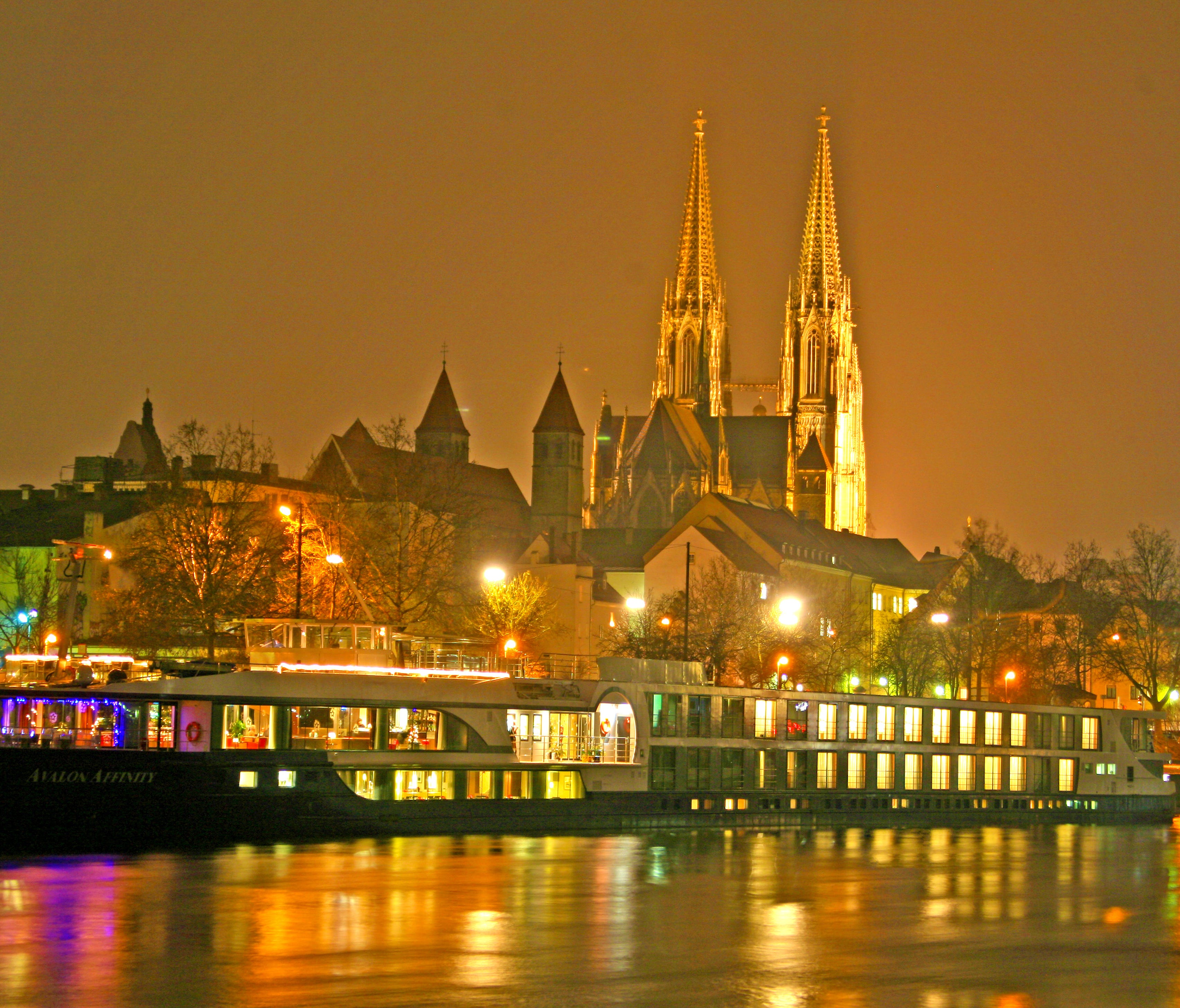 An Avalon Waterways ship  docked in Regensburg, Germany during a Christmas cruise.