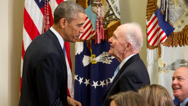 President Obama greets Brent Scowcroft at the White House on Dec. 5, 2014.
