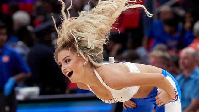 Pistons dancer performs during a time-out in the second half of the Pistons' 109-87 exhibition win over the Hawks on Friday, Oct. 6, 2017, at Little Caesars Arena.