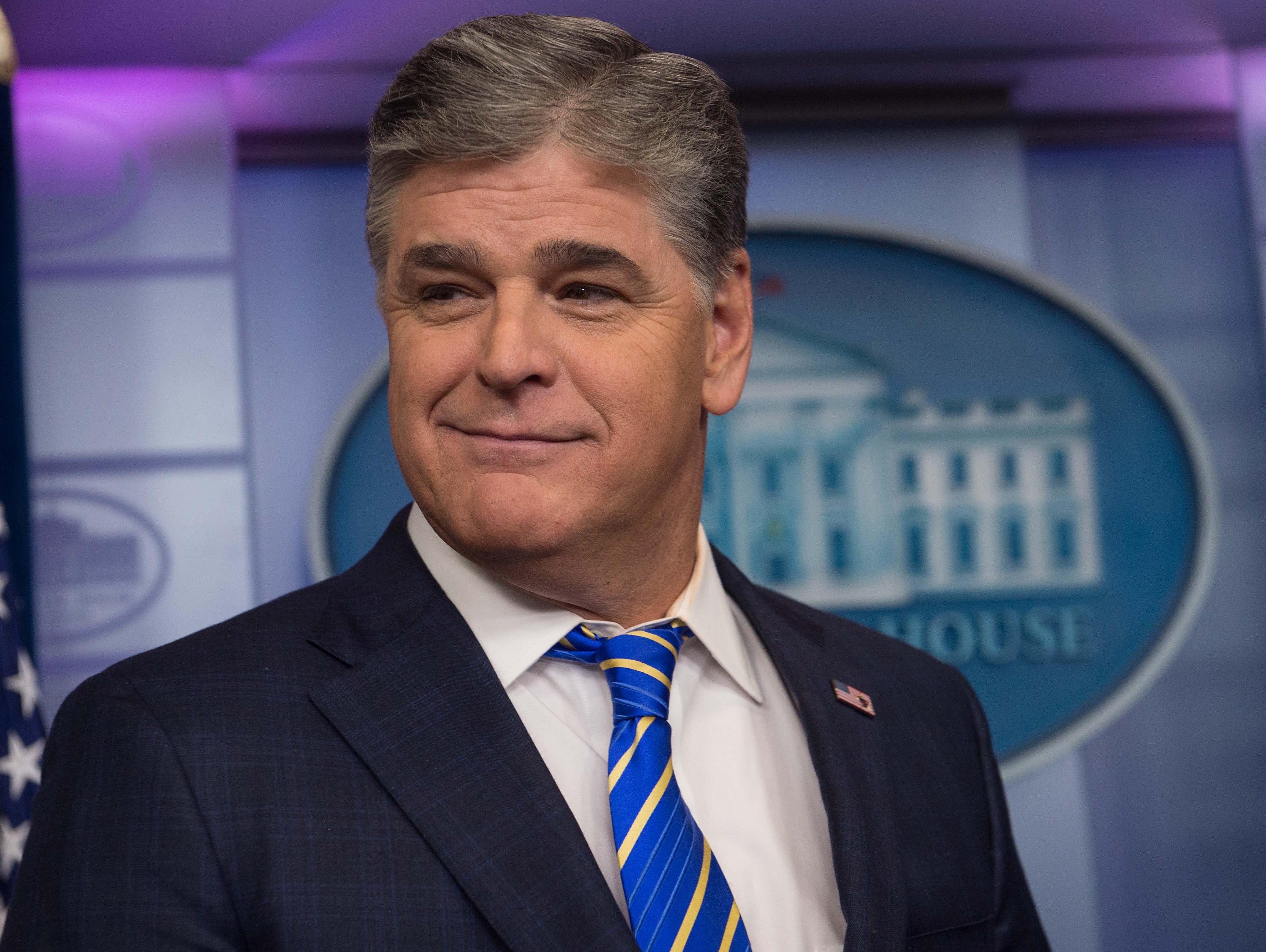 Fox News host Sean Hannity is pictured in the White House briefing room.