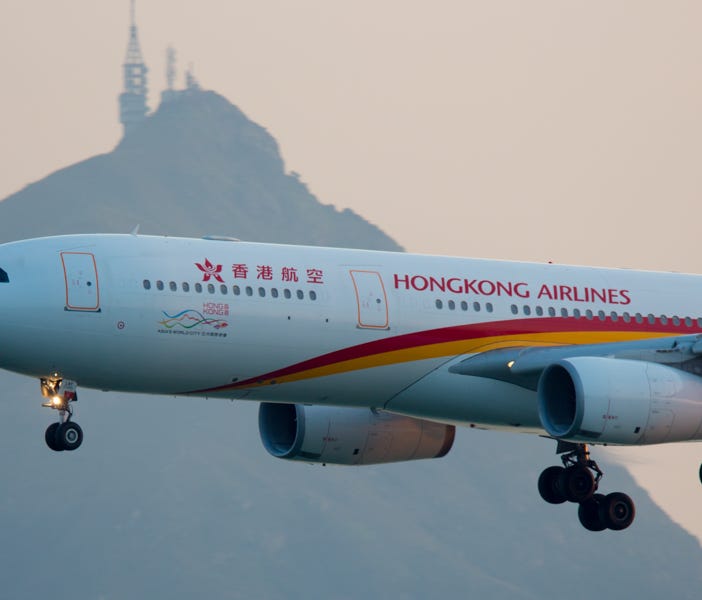 A HongKong Airlines Airbus A330 lands in Hong Kong in August 2017.