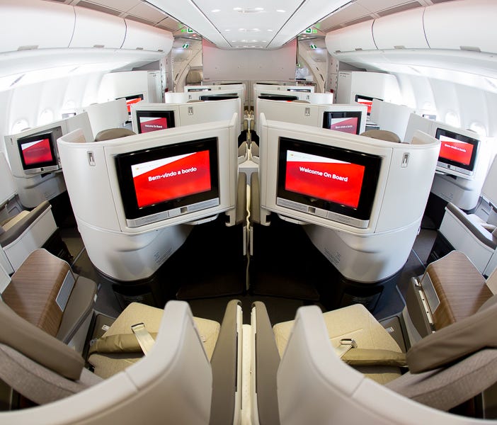 TAP Portugal's newest business-class cabin, seen aboard the carrier's first Airbus A330neo during a test flight before delivery on June 23, 2018 at Miami International Airport.