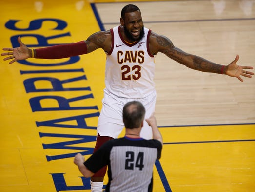 June 3: LeBron James reacts to a call against him by