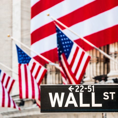 American flags at New York Stock Exchange, with Wa