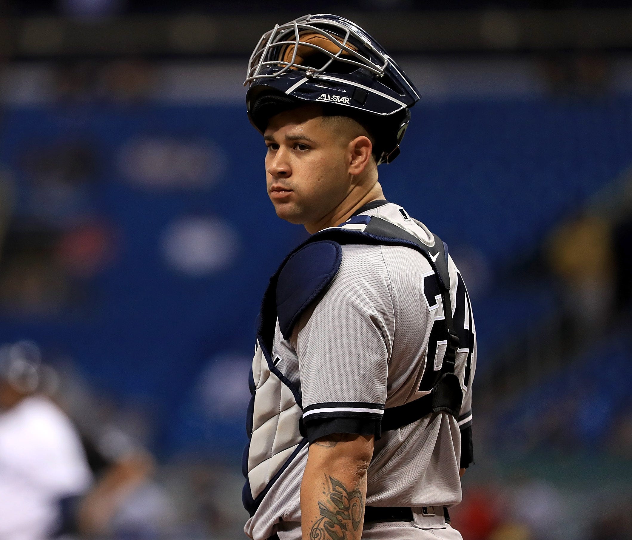 Gary Sanchez looks on during the New York Yankees' game against the Tampa Bay Rays.