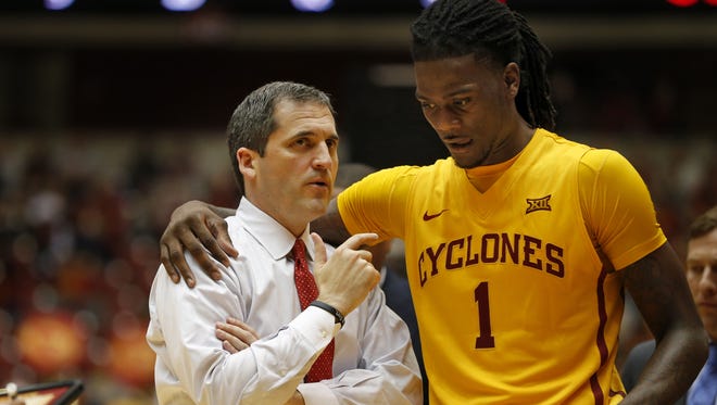 Iowa State Coach Steve Prohm talks with Jameel McKay during a game against Chicago State at Hilton Coliseum Monday, Nov. 16, 2015.