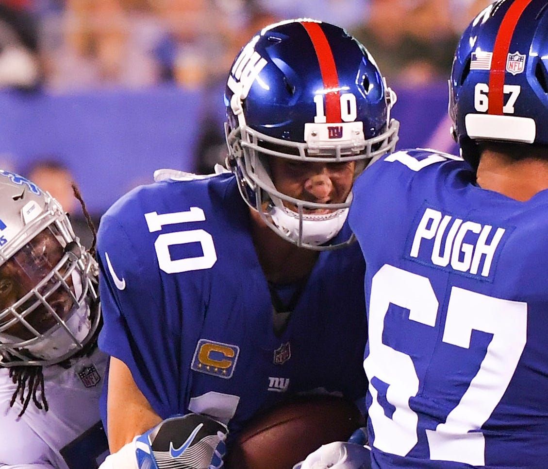 Giants QB Eli Manning was sacked five times Monday night.