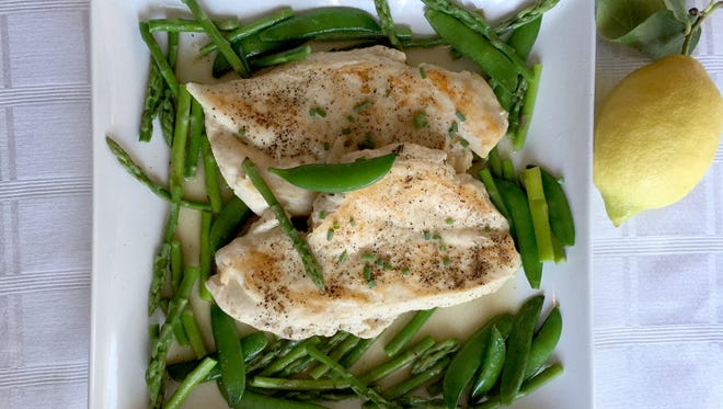 Chicken Paillard with Snap Peas and Asparagus.
