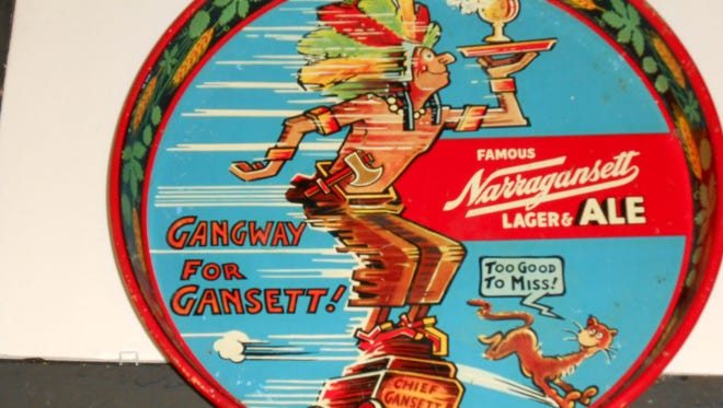 A tray illustrated by Dr. Seuss advertising Narragansett Beer shows "Chief Gansett" carrying a tray of beer, and a talking cat.