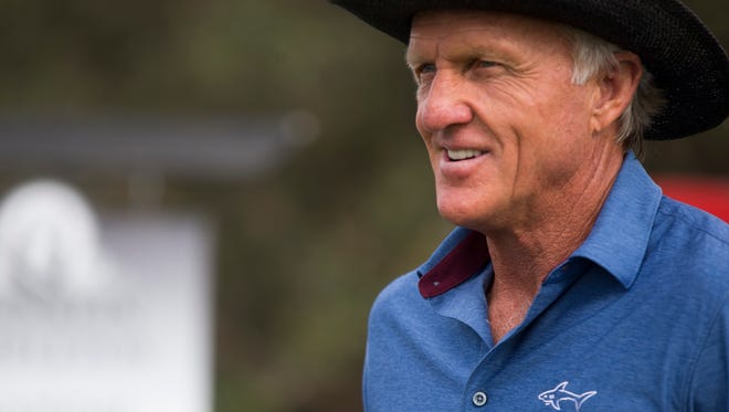 Course designer and host of the Franklin Templeton Shootout, Greg Norman, prepares to tee off at Tiburón Golf Club at The Ritz-Carlton Golf Resort Wednesday, Dec. 7, 2016 in Naples. 